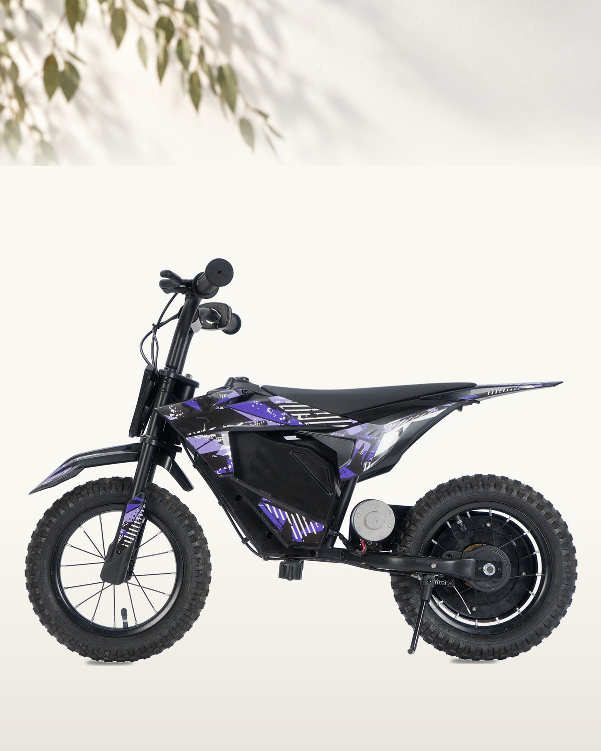 Illustrative campaign design showing a complete purple Bilby bike on a light background with leaf shadows.